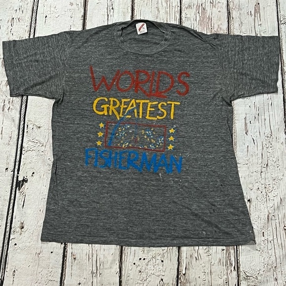 Vintage 1980s World's Greatest Fisherman Fishing 80s Tee Tshirt - Picture 1 of 8
